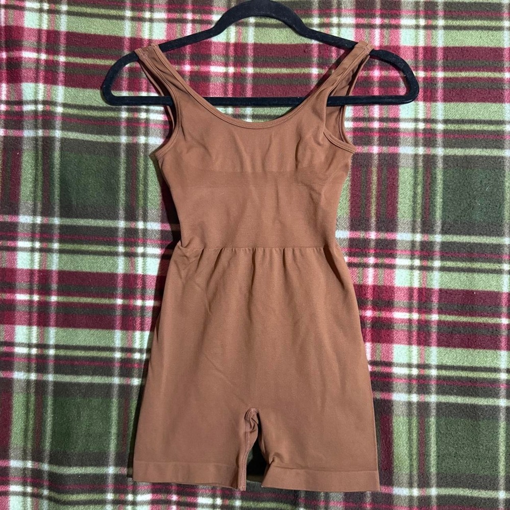 Brown Open Back Romper Sleeveless Bodycon Unitard Ruched Back